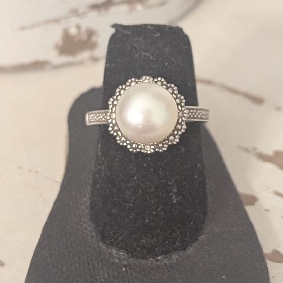 Unique Vintage Jewelry - Vintage-Edwardian Inspired Sterling Silver Pearl Halo Ring Size 5